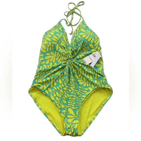 TRINA TURK NWT WOMENS TRELLIS ONE PIECE SWIM SUIT LIME GREEN TWIST FRONT SIZE 10 - Picture 2 of 8